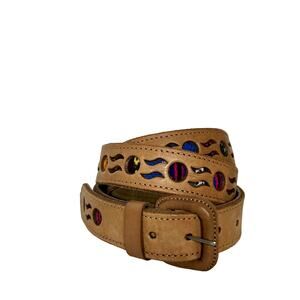 Leather Blanket Woven Belt Size 36 Tan Rainbow Multicolor Traditional